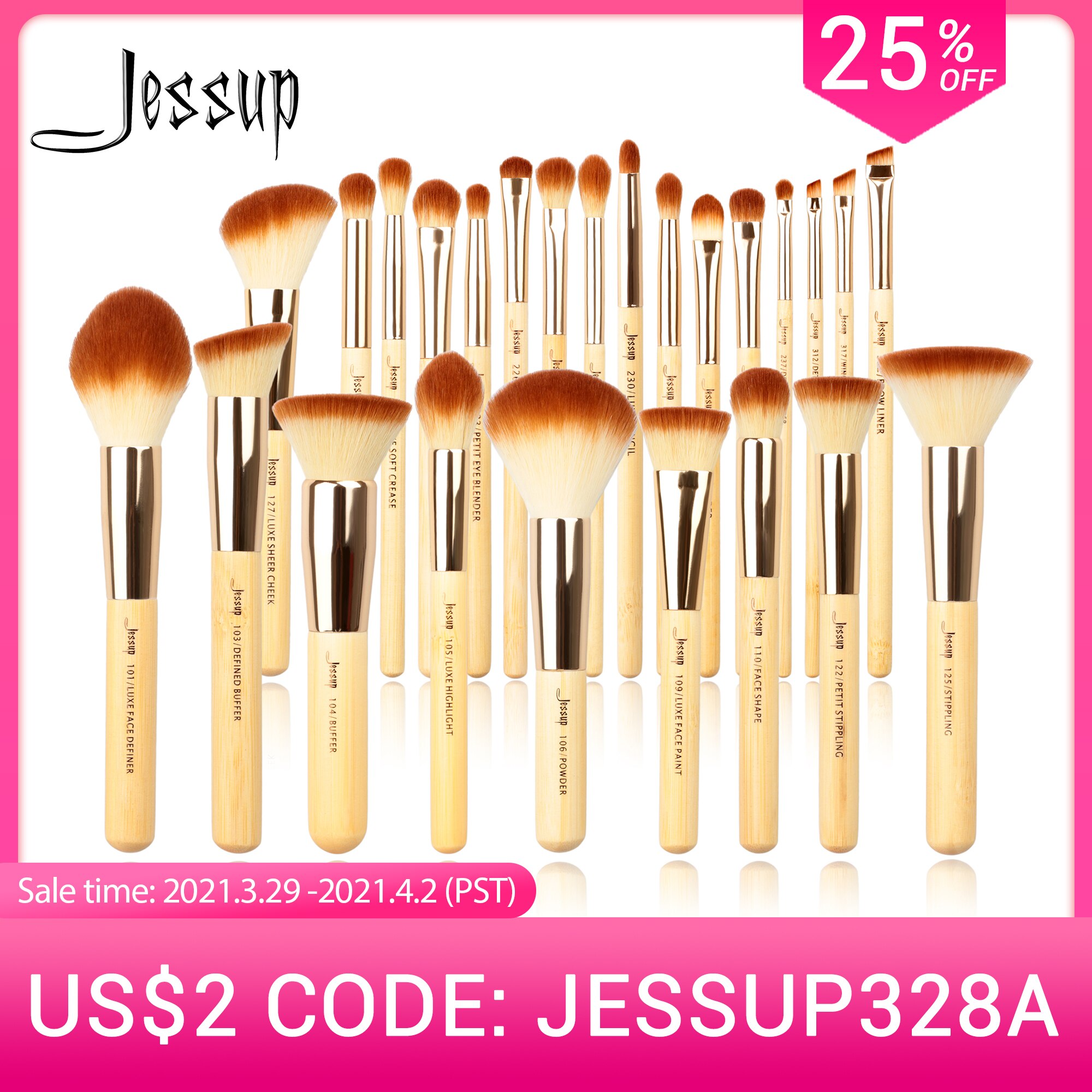 Jessup Pinceaux de maquillage professionnels en bambou Beauté Pinceaux de maquillage Poudre de fond de teint Fards à joues Ombre à paupières Outils Cosmétiques 25pcs